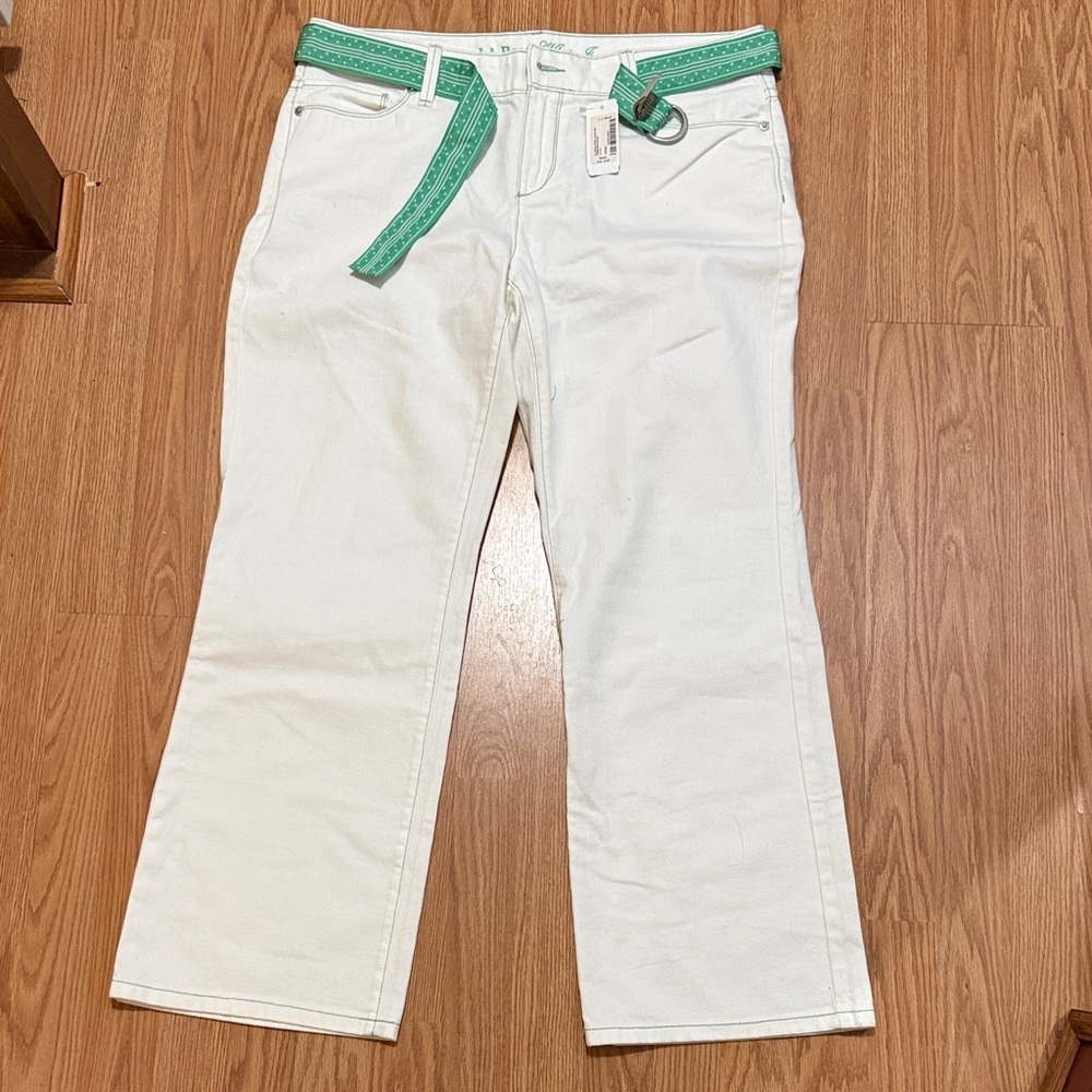L.L. Bean White Flare Jeans with Green Belt